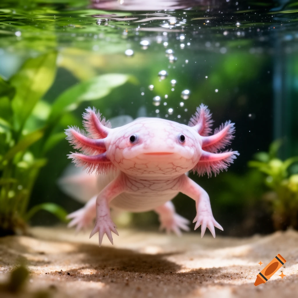 A photorealistic close-up of a pink axolotl with feathery gills swimming in an aquarium with green plants and a sandy bottom.