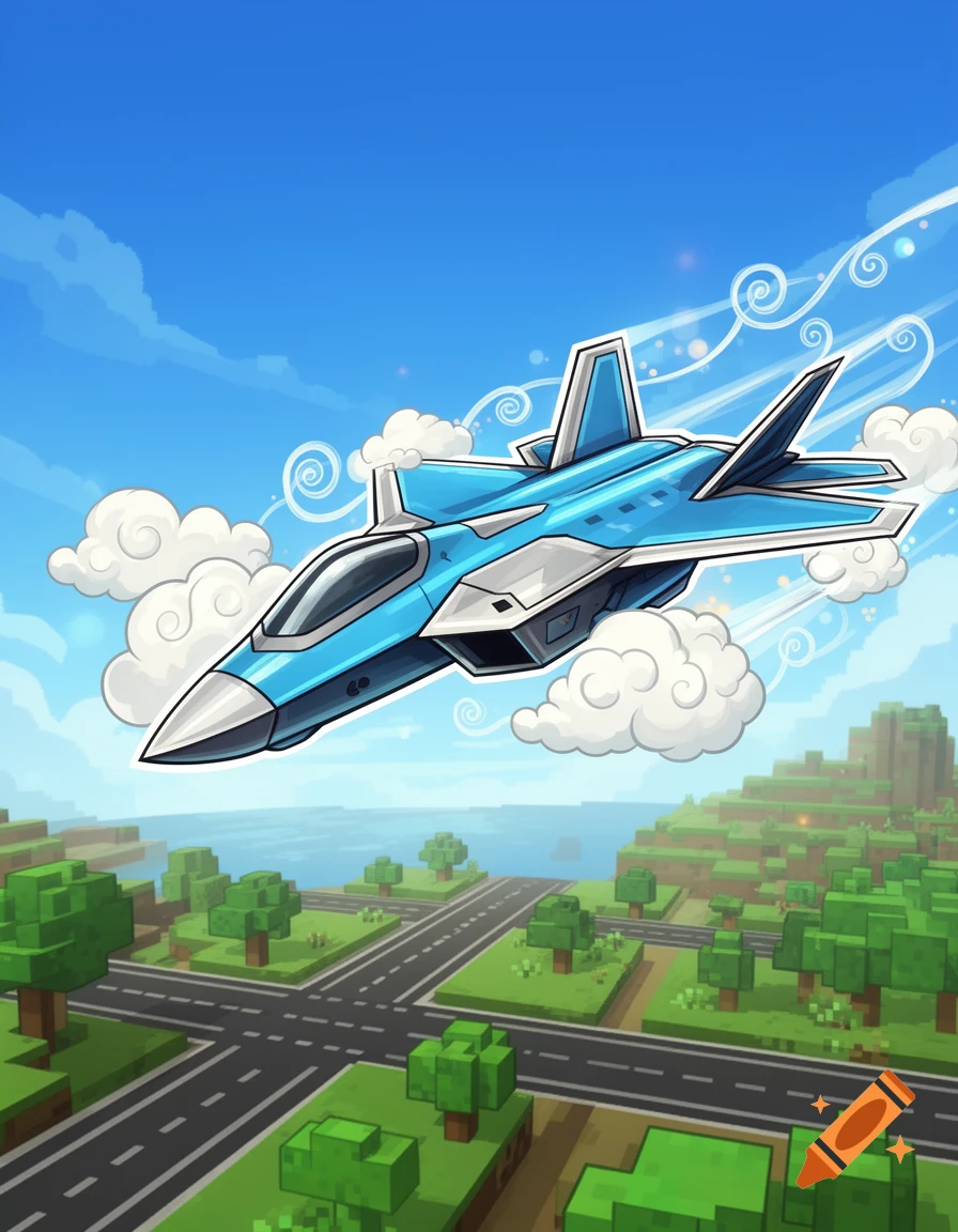 A blue F-22 Raptor-like jet flies in a sunny sky above a blocky, cartoon landscape with roads and trees.