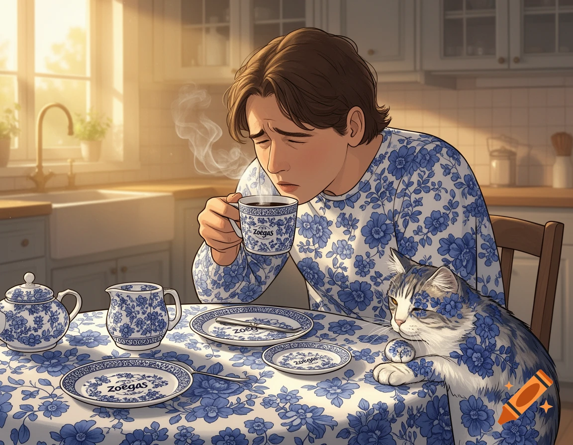 Cartoon illustration of a person in floral pajamas drinking coffee at a kitchen table with a matching floral cat.