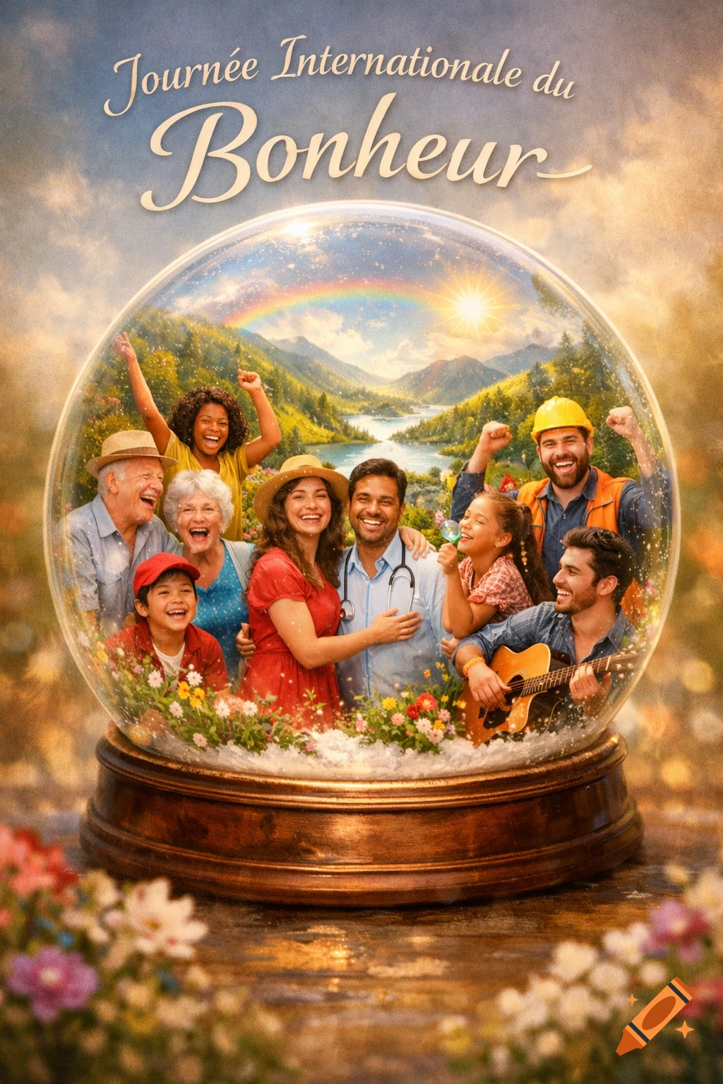 A vibrant poster depicting a diverse group of happy people inside a snow globe, with a lush landscape, rainbow, and sunny sky in the background, text reads 'Journée Internationale du Bonheur' at the top.