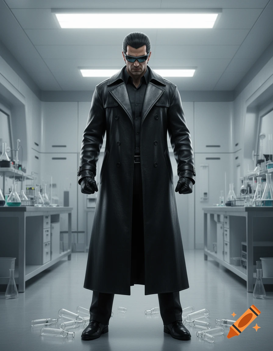 A photorealistic image of a stern man in a black trench coat and sunglasses standing in a laboratory with scattered beakers.