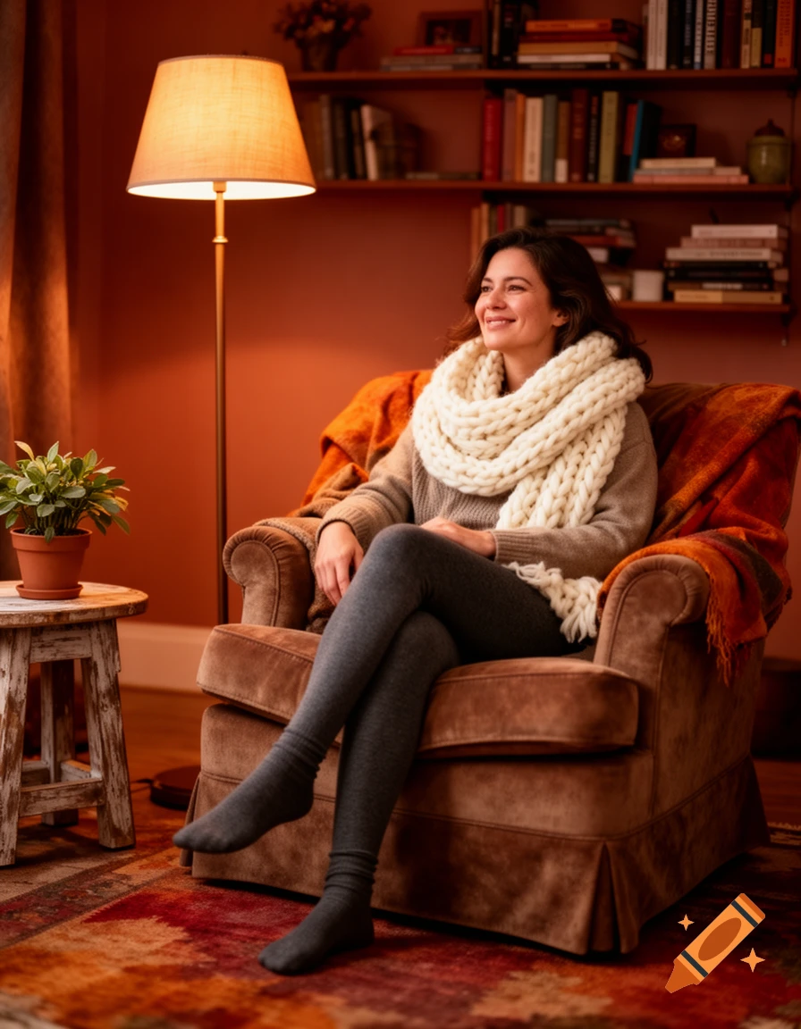 A smiling woman wearing a chunky white scarf and gray tights sits in a brown armchair in a warm, cozy living room.