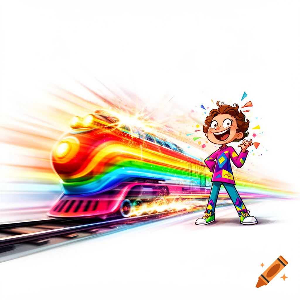 A cheerful cartoon person stands beside a super fast, rainbow-colored train with motion blur on a white background.