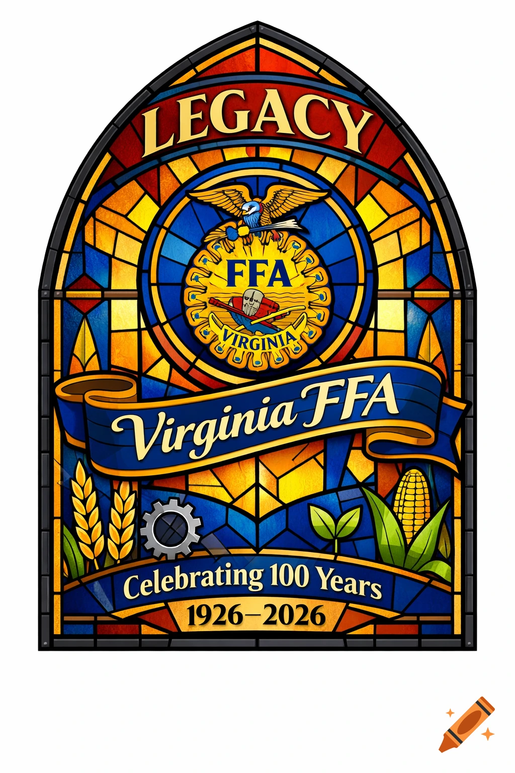 Vibrant stained-glass Virginia FFA centennial logo with 'LEGACY', 'Virginia FFA', 'Celebrating 100 Years 1926-2026' text, agriculture symbols.