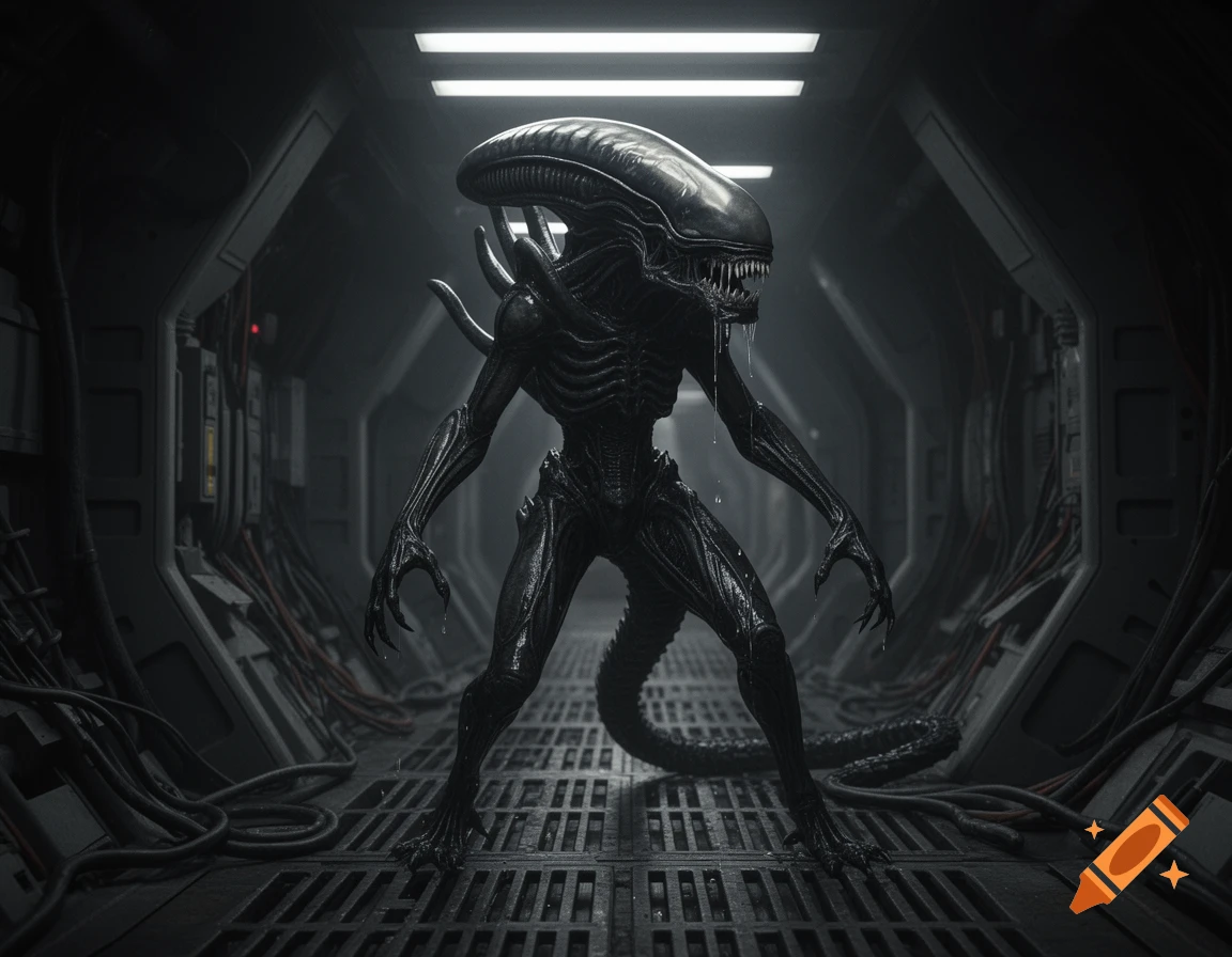 A photorealistic Xenomorph stands in a dark, metallic sci-fi corridor, dripping saliva.