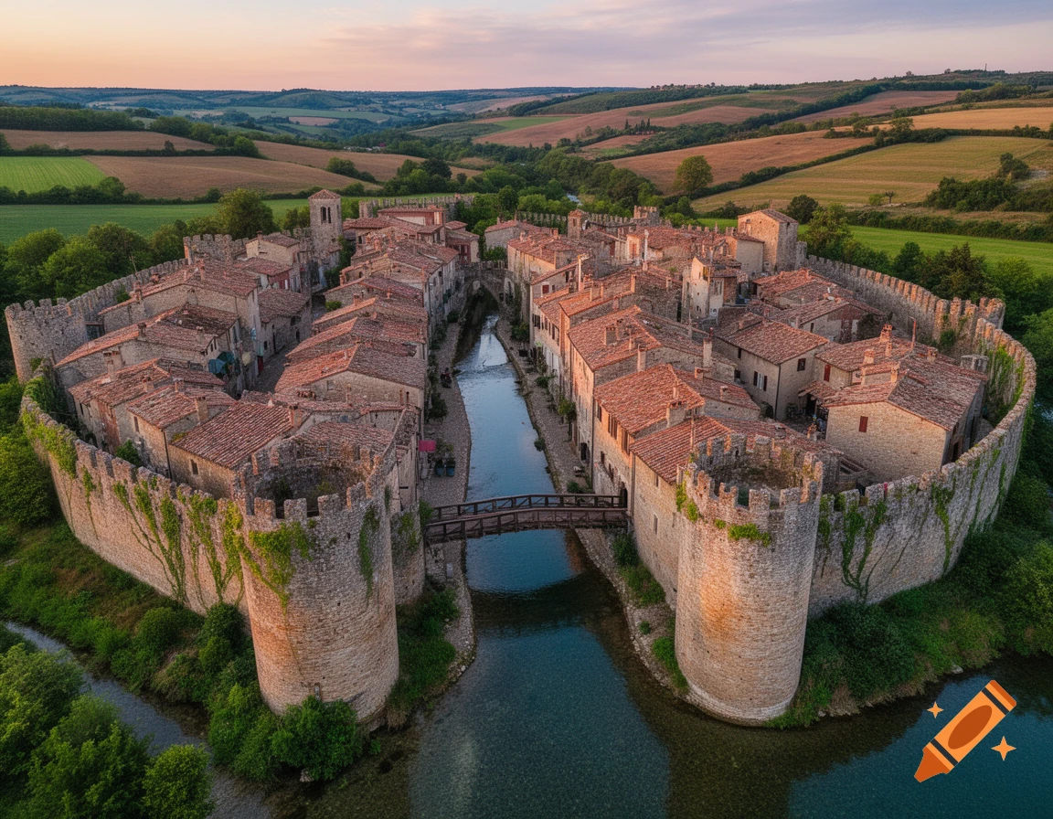 Photorealistic aerial view of a medieval walled city with terracotta ...