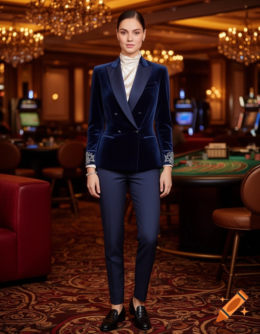 A woman in a dark blue velvet pantsuit and white blouse stands in a luxurious casino.