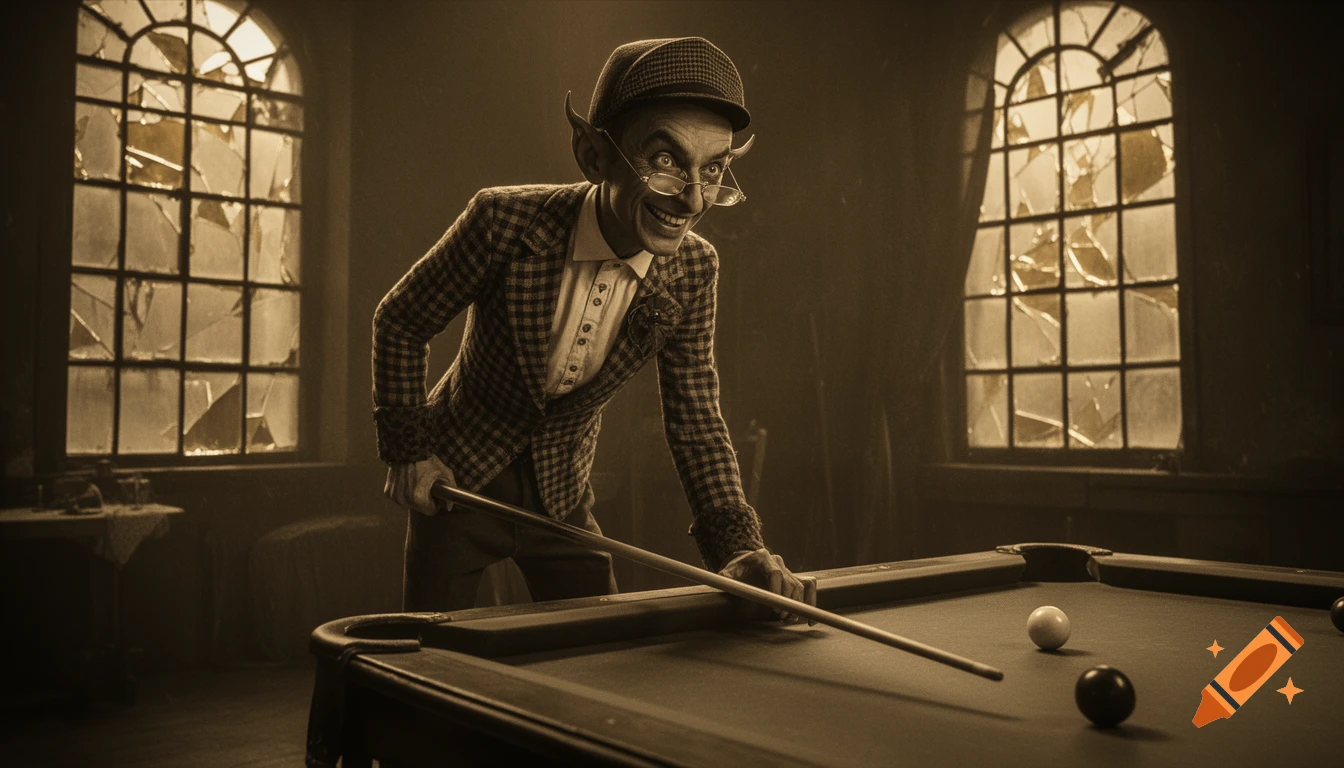 A sepia-toned, goblin-like man with pointed ears and a mocking smile, leaning over a billiard table in a dusty room with broken windows.