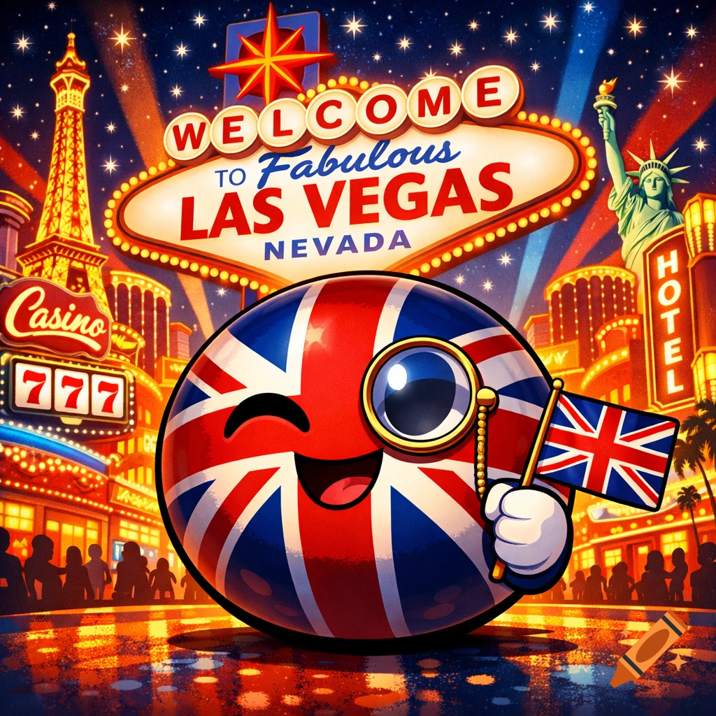 A smiling UK countryball with a monocle and flag in a vibrant, neon-lit Las Vegas street with famous landmarks.