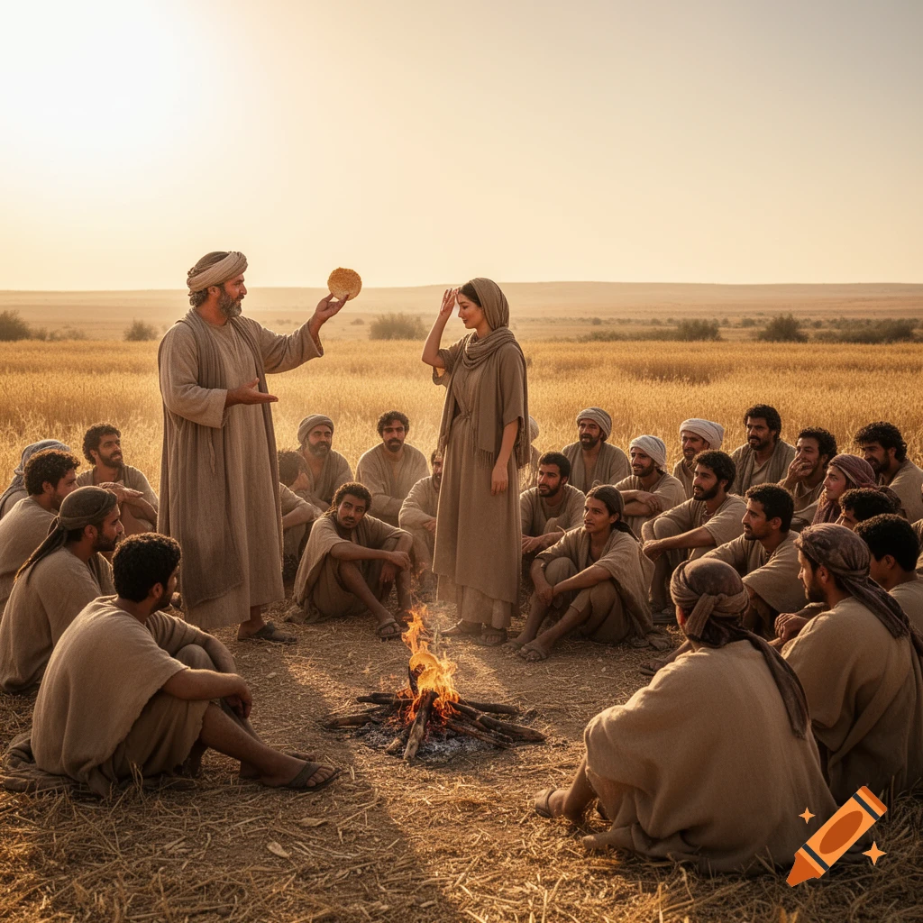 A large group of people in ancient Middle Eastern attire gather around a campfire in a golden field at sunset, as a man holds up bread.
