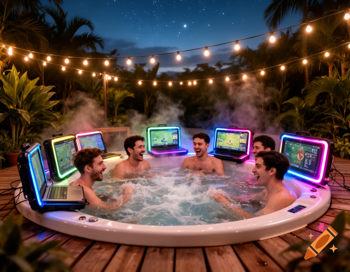 Men laughing and playing video games on glowing laptops in a hot tub at night, surrounded by string lights and palm trees.