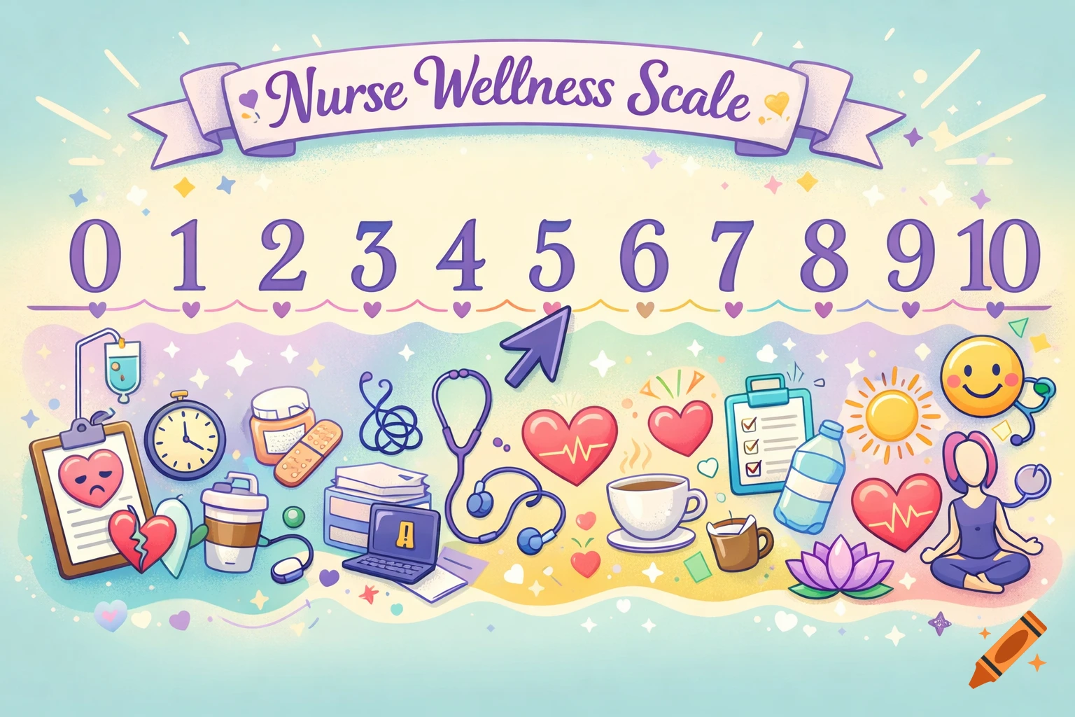 Colorful illustration of a 'Nurse Wellness Scale' with numbers 0-10, featuring medical and self-care icons.