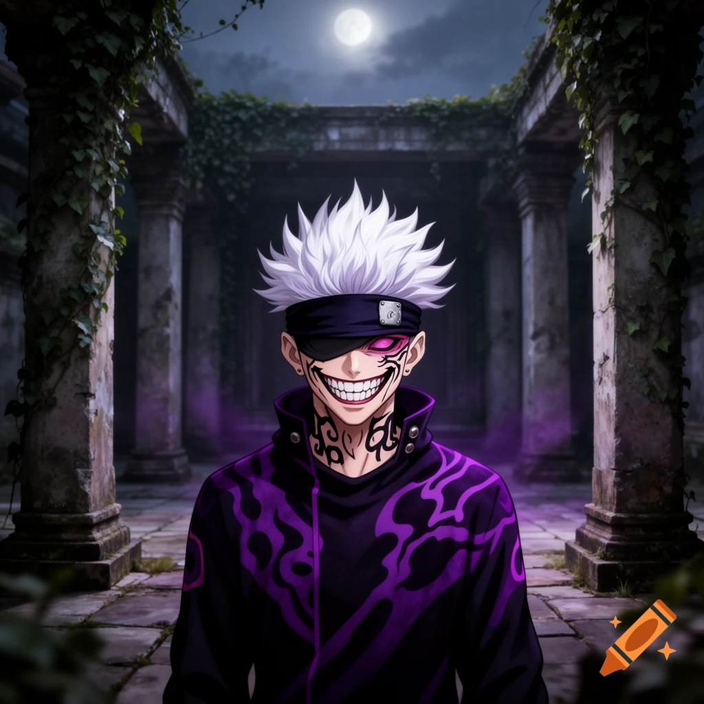 An anime character with white spiky hair, a blindfold, a wide sinister grin, and facial tattoos stands in dark, overgrown ruins under a full moon.