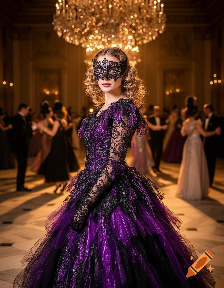 A woman in an elaborate purple and black gothic masquerade gown and lace mask stands in a grand ballroom.