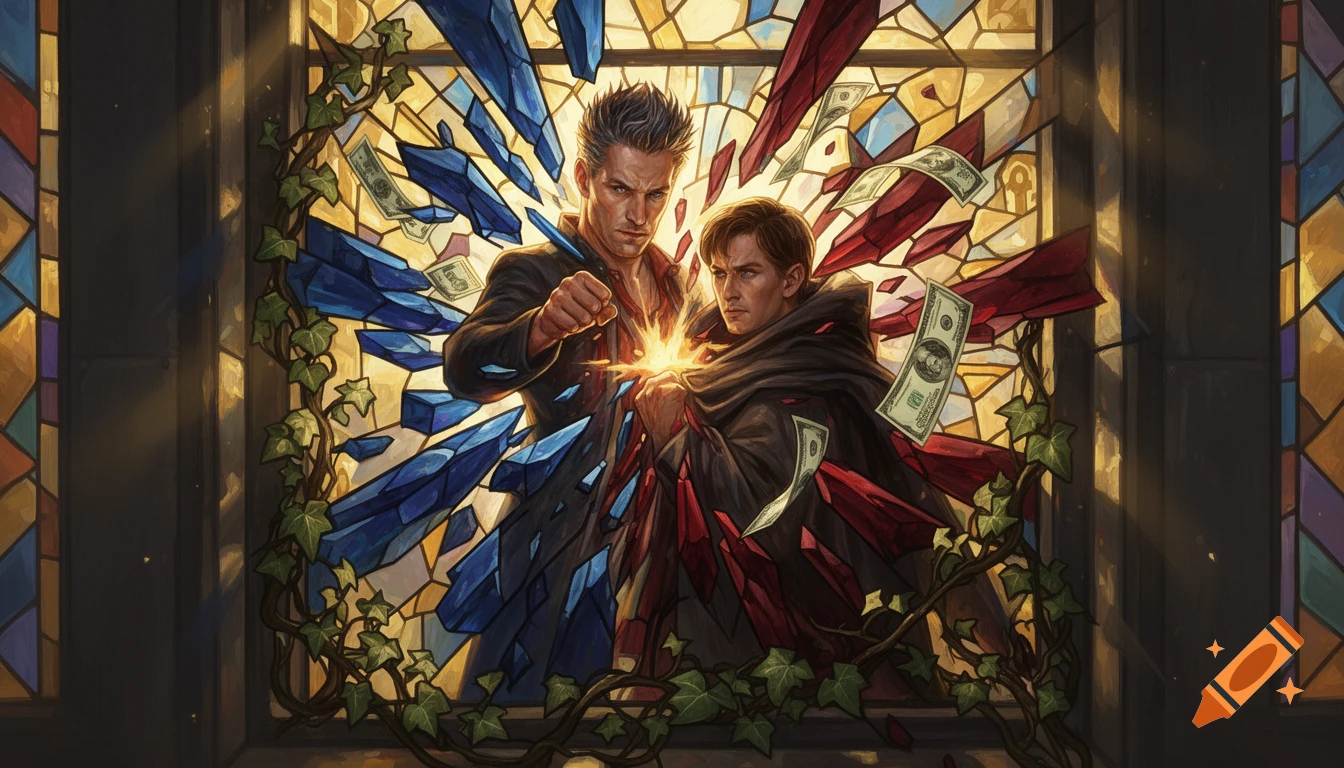 Two men stand dramatically in a shattered stained-glass window, surrounded by shards of blue and red glass, money, and ivy. A light glows between their fists.