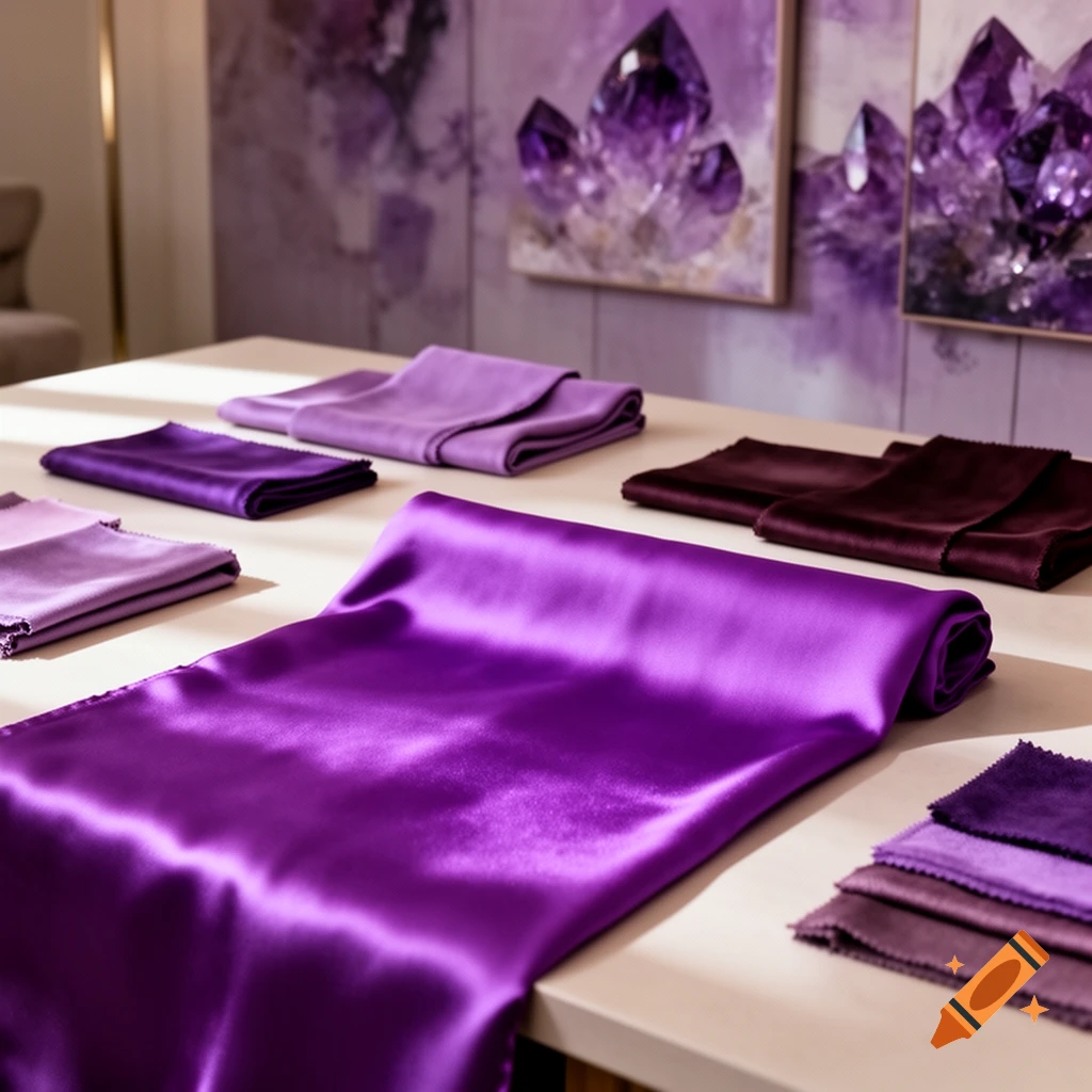 Various shades of purple fabrics, including satin and velvet, are displayed on a white table with purple crystal artworks in the background.