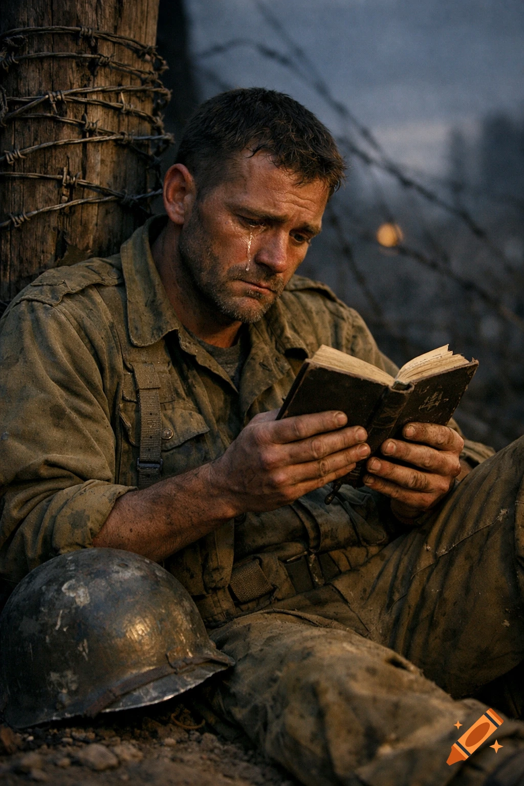 A gritty, photorealistic image of a soldier sitting, leaning against a barbed wire post, crying while reading a book.
