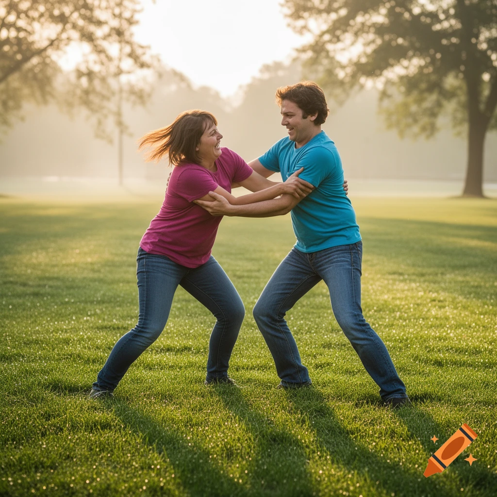A man and a woman playfully wrestling in a sunlit park with trees in the hazy background.
