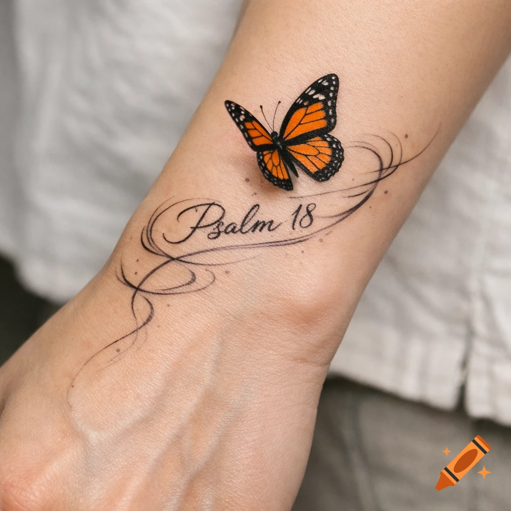 Photorealistic tattoo of an orange monarch butterfly with black writing 'Psalm 18' on a wrist.