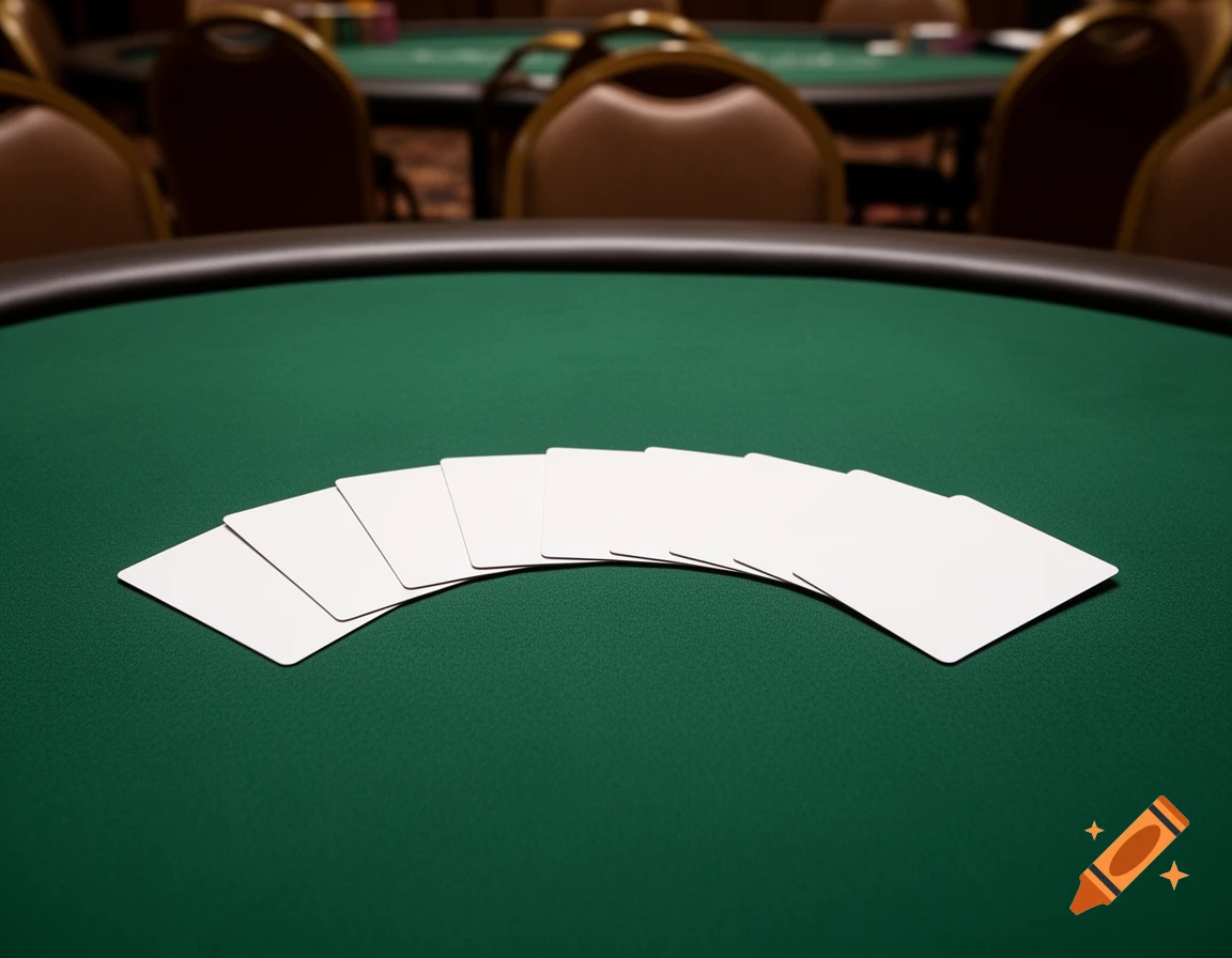 A fan of white playing cards spread on a green poker table with blurred chairs in the background, photorealistic.
