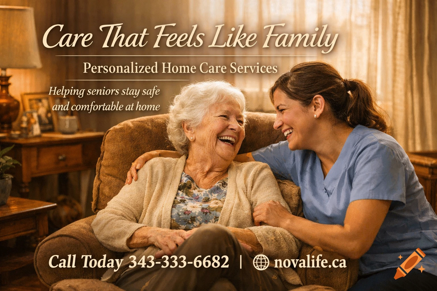 A joyful elderly woman and her caregiver laugh together in a warm home setting, advertising 'Care That Feels Like Family'.