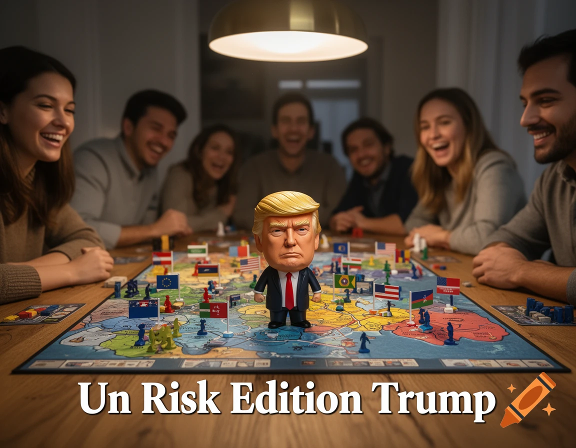 A group of friends laughing around a table, playing a board game resembling Risk with a Donald Trump bobblehead as a game piece, with text reading "Un Risk Edition Trump" at the bottom.