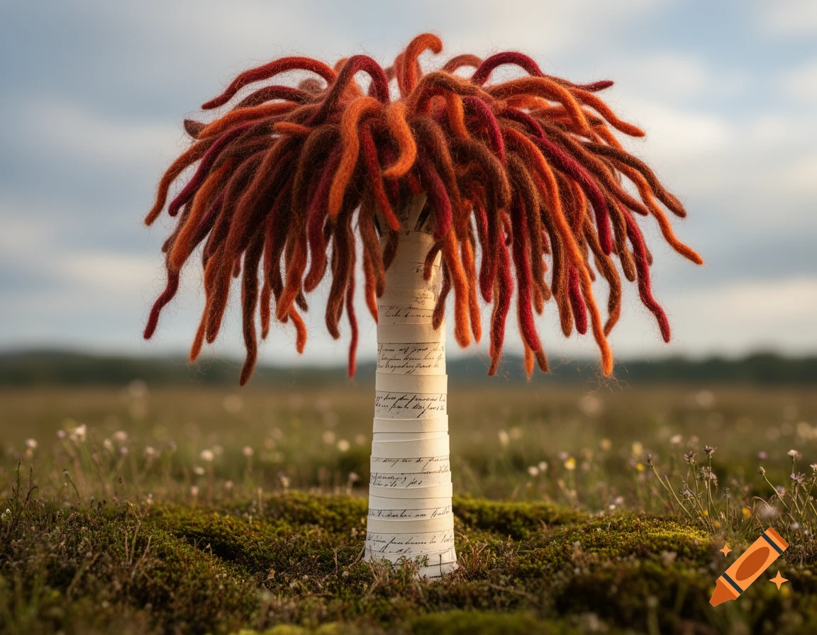An artistic tree with a white paper trunk featuring illegible script, and a vibrant red and orange wool dreadlock-like crown, set in a soft focus grassy field under a cloudy sky.