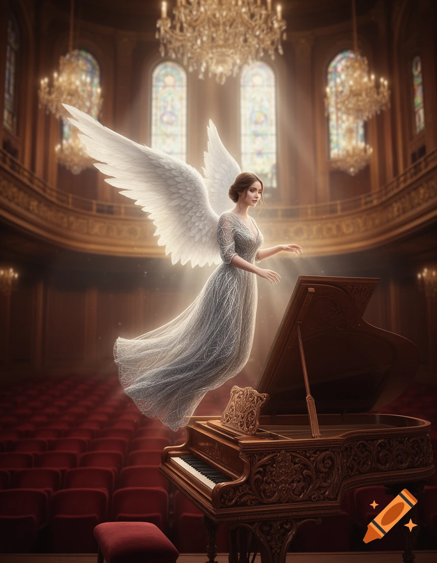 A beautiful angel with large white wings hovers gracefully over an ornate grand piano in a grand concert hall.