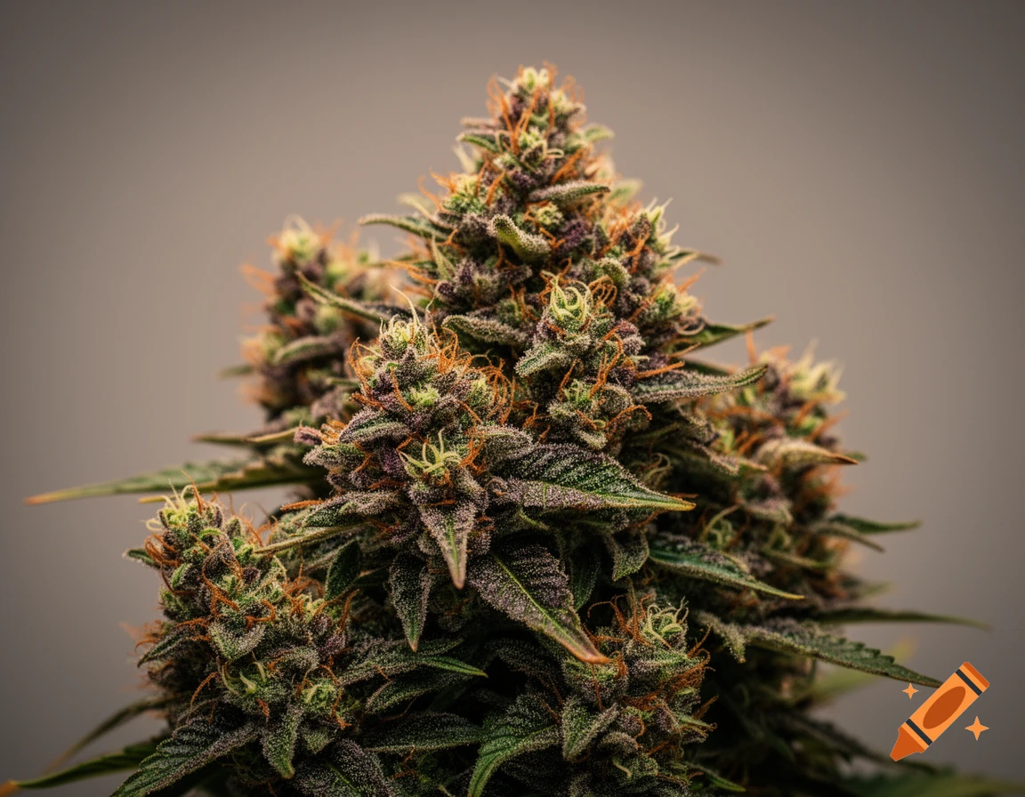 A close-up, photorealistic shot of a vibrant cannabis bud with green leaves, purple accents, and orange pistils, against a neutral background.