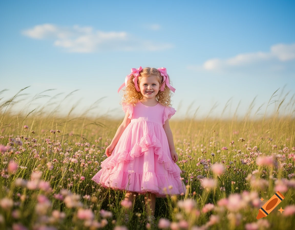A smiling blonde girl in a pink dress and pink bows stands in a field ...