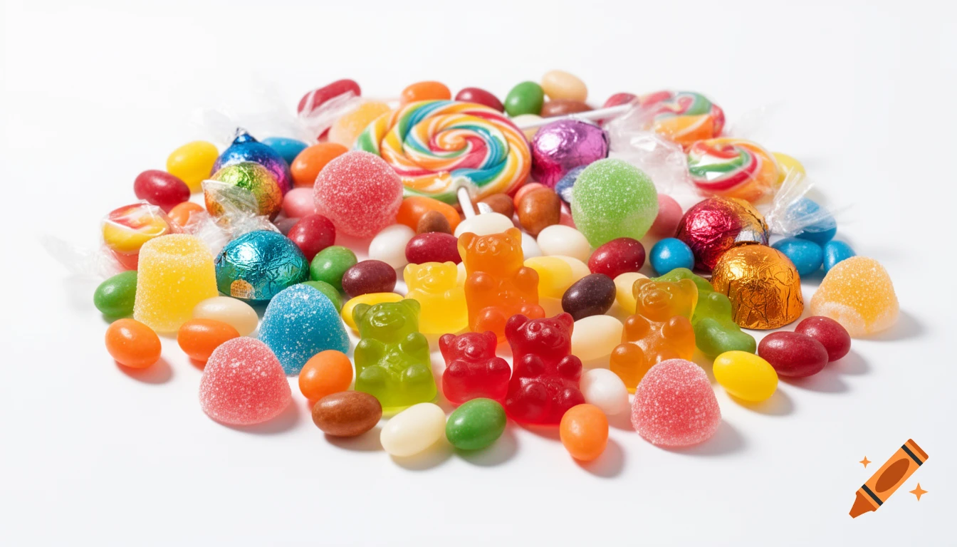 A colorful pile of various candies including lollipops, gummy bears, jelly beans, and chocolates on a white background.