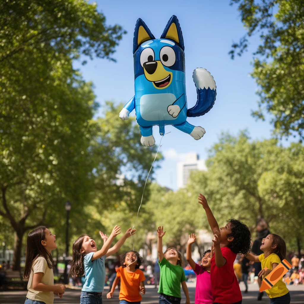 Children joyfully reach up towards a floating Bluey character balloon in a sunny park setting with green trees.