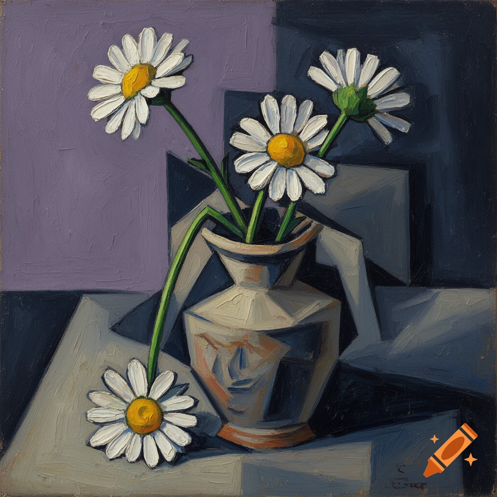 A cubist oil painting depicts a still life of white daisies with yellow centers in a geometric vase on a table.