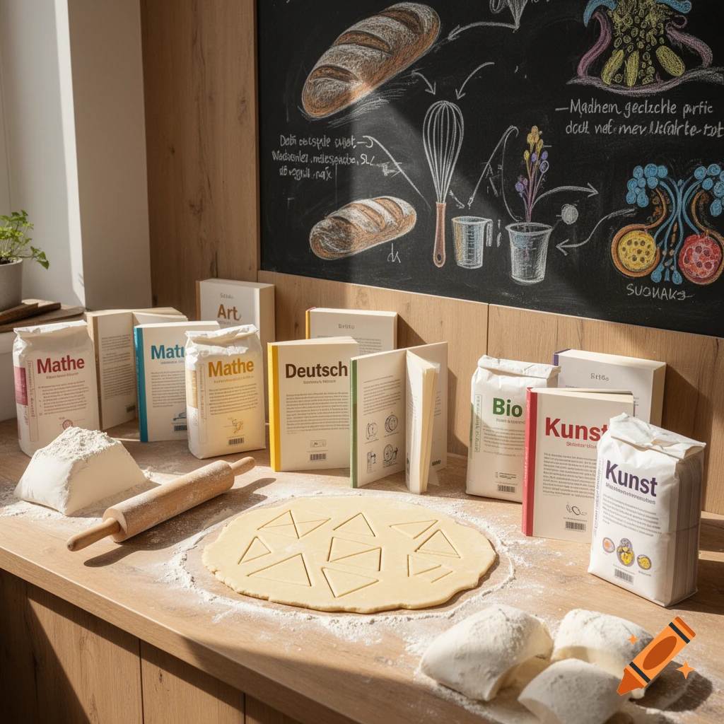 A kitchen counter with baking ingredients like flour, dough, and a rolling pin. Bags and books labeled "Mathe", "Deutsch", "Bio", and "Kunst" are arranged on the counter. A blackboard with chalk drawings of bread and scientific diagrams is in the background.