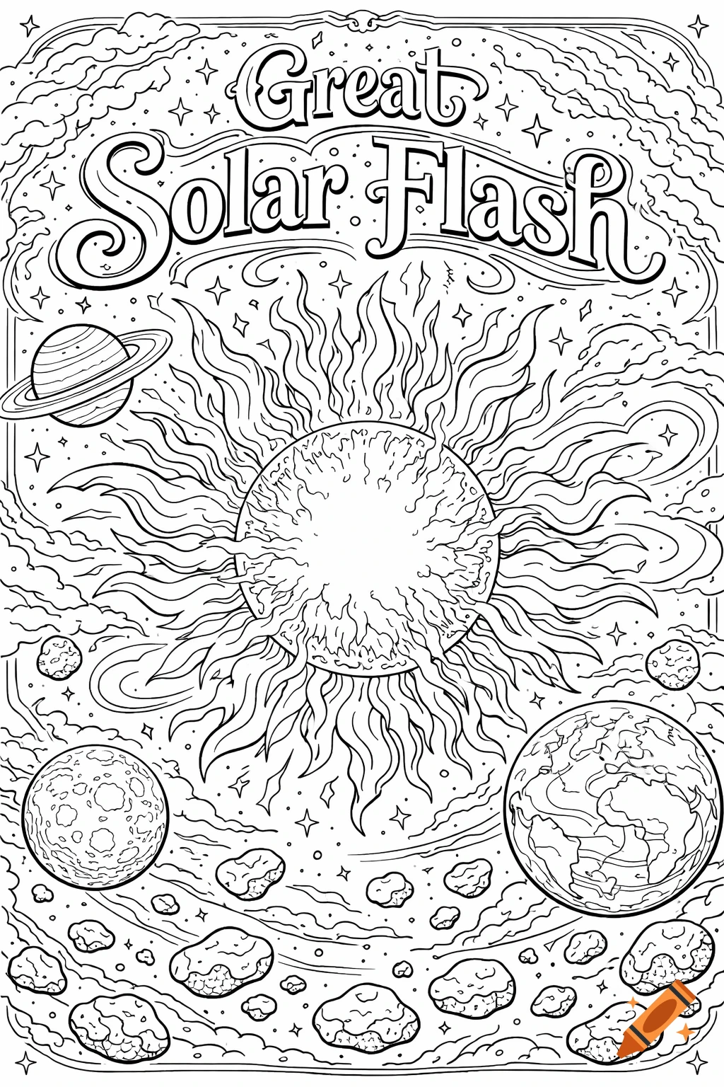 Black and white coloring page with "Great Solar Flash" text, a large sun, Saturn, planets, and asteroids in space.