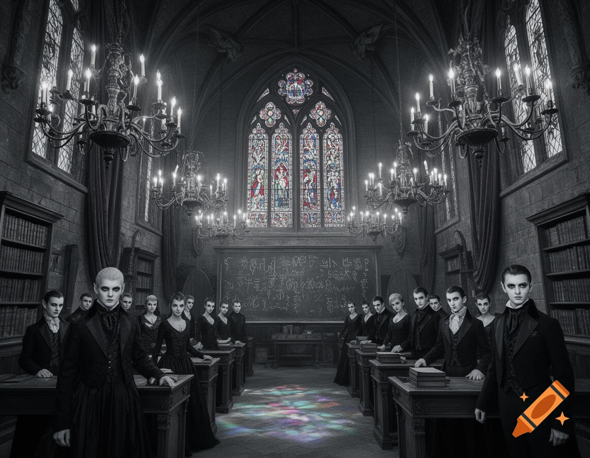 A group of pale-skinned, dark-clothed vampire students stand in a dramatic, gothic classroom with large stained-glass windows and chandeliers.