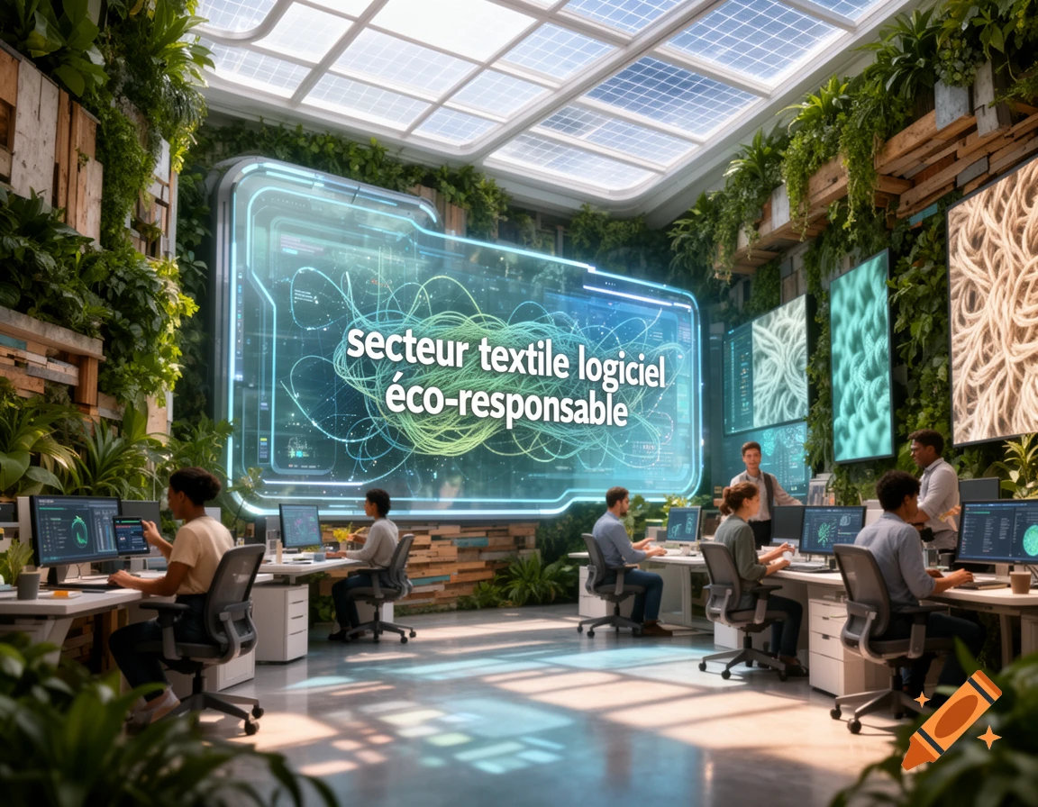 A modern, eco-friendly office with living walls and a skylight, where people work at desks. A large screen displays 'secteur textile logiciel éco-responsable'.