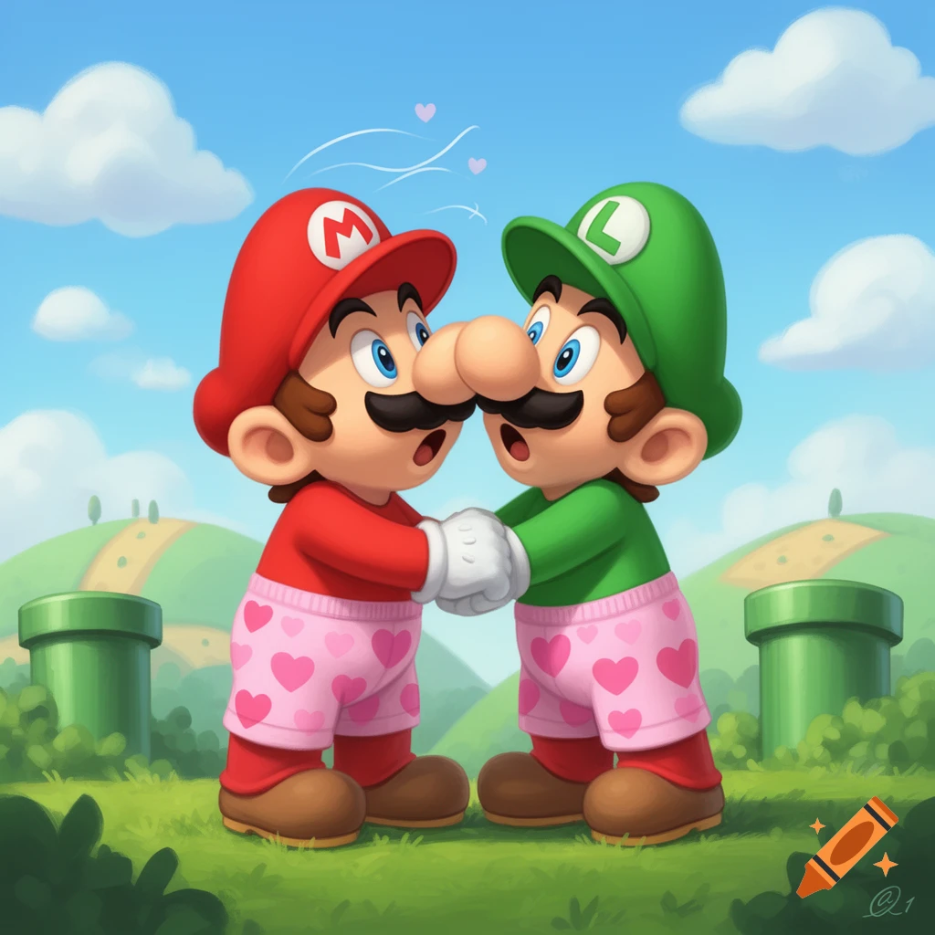 Cartoon Mario and Luigi wearing pink heart boxers, holding hands and touching noses in a sunny, green landscape.