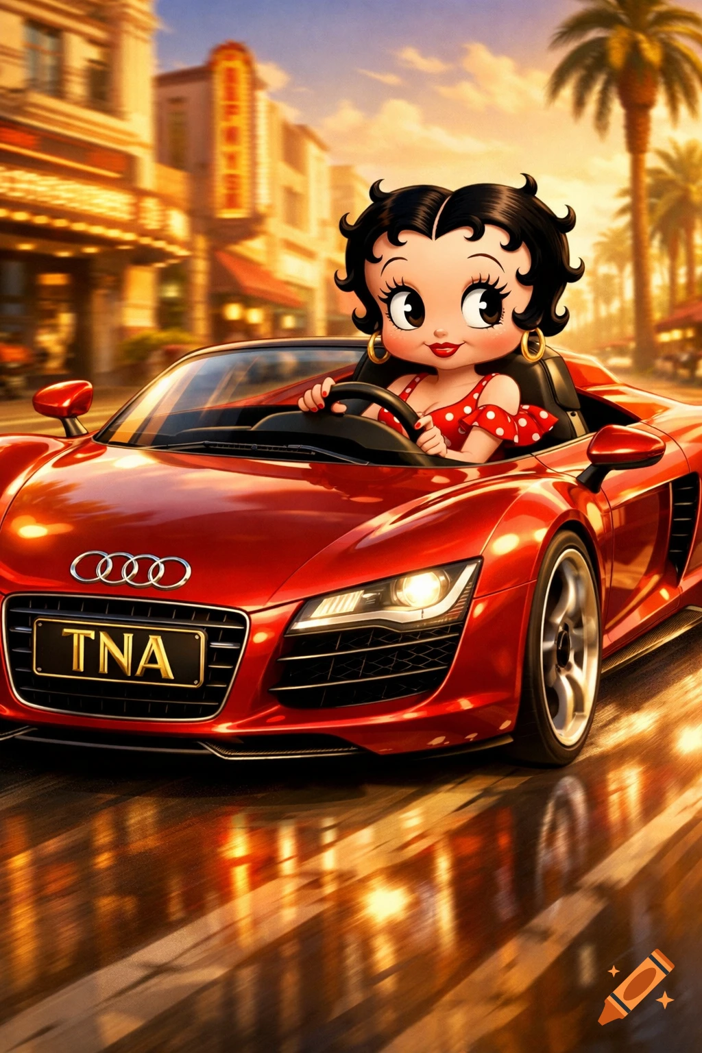 Betty Boop driving a red convertible sports car down a sunny city street with palm trees, in a vibrant cartoon style.