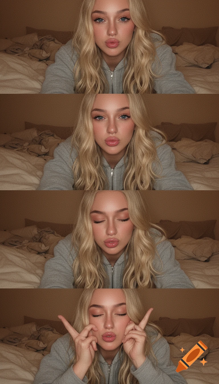 Four-panel photobooth strip of a blonde woman in a grey hoodie posing on a bed with various expressions, including a pout and peace signs.