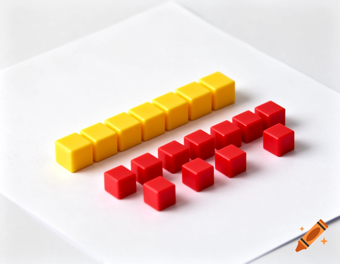 A photorealistic image of a row of ten yellow plastic cubes and ten red plastic cubes scattered on white paper, material for math.
