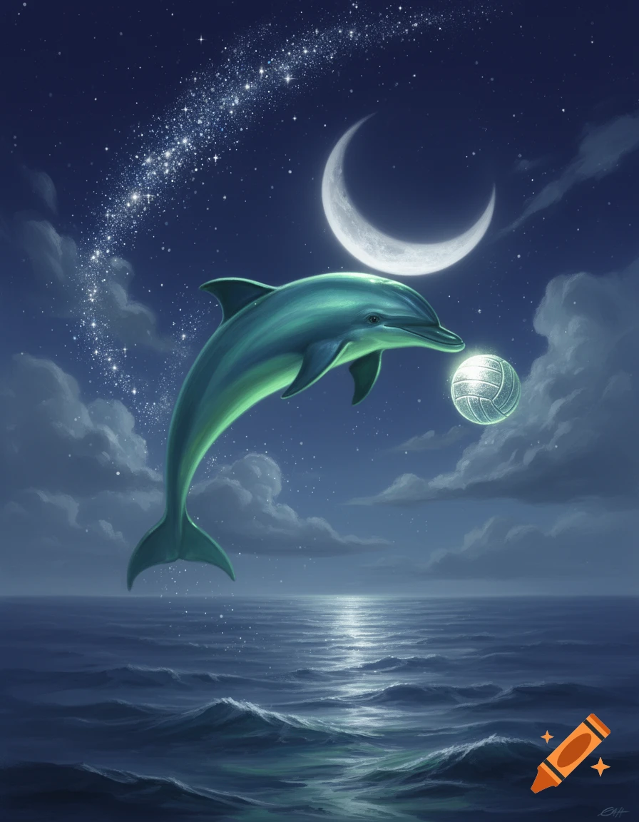 A green-blue dolphin leaps above a moonlit ocean, playing with a glowing volleyball under a starry night sky and crescent moon. Dreamlike art.