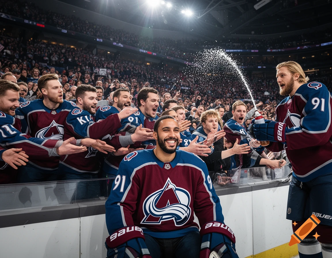 Hockey players in burgundy and blue jerseys celebrate on the ice, with one player spraying water from a bottle into the stands where another player smiles.