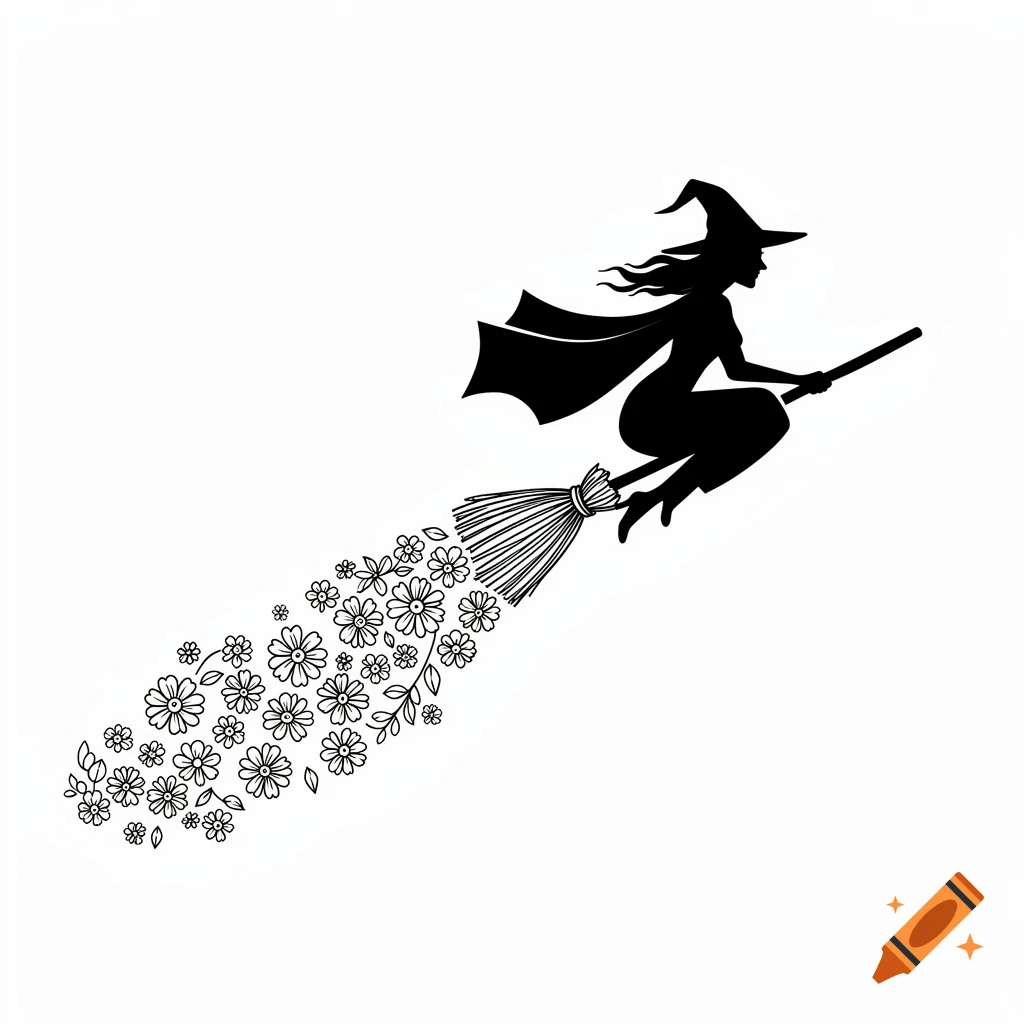 Black and white vector silhouette of a witch flying on a broomstick with a trail of flowers.