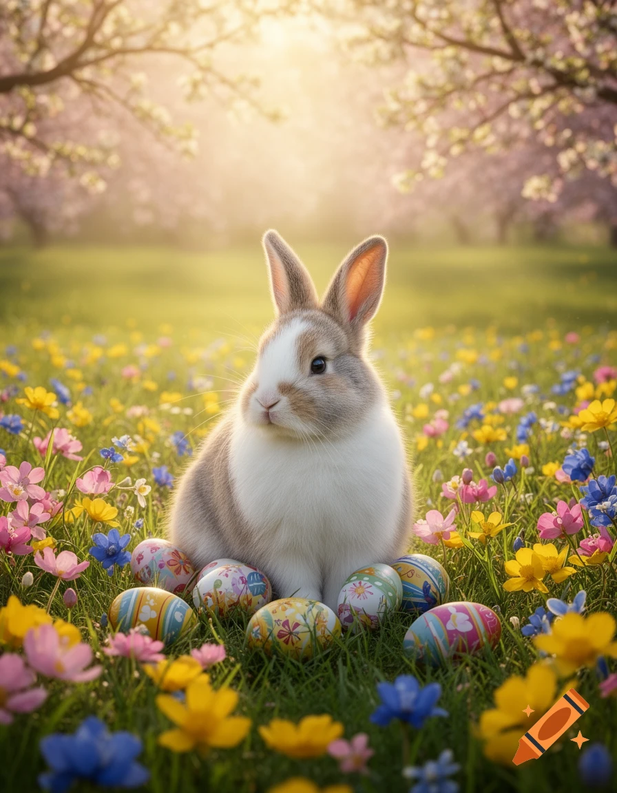 A fluffy rabbit sits among colorful Easter eggs and vibrant spring flowers in a sunlit field with cherry blossoms.