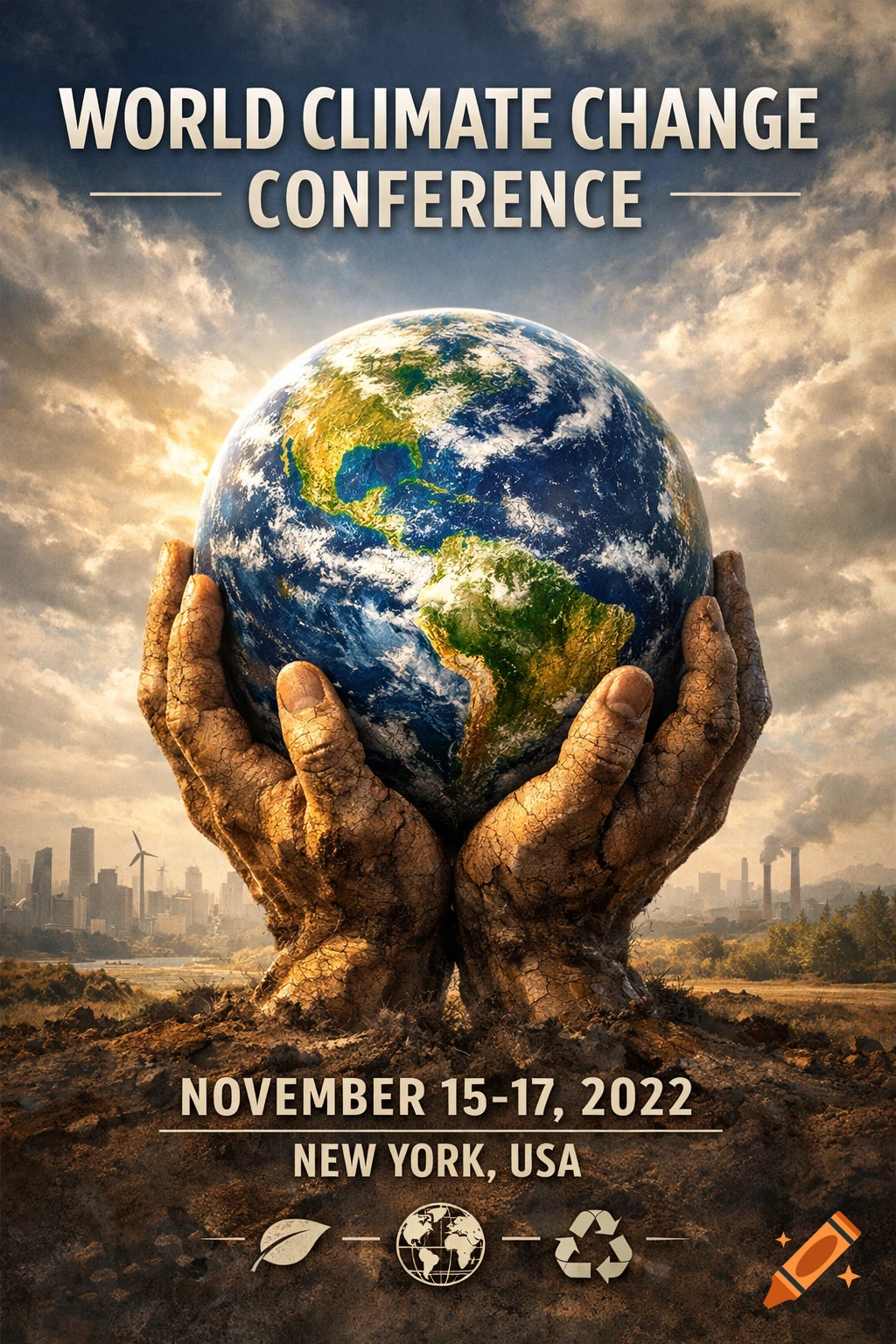 A detailed poster for a World Climate Change Conference, showing cracked hands holding the Earth, with contrasting cityscapes in the background.