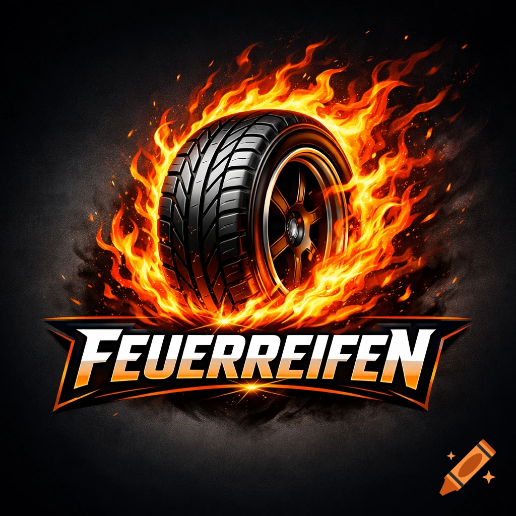 A stylized logo features a burning car tire against a dark background, with the word "FEUERREIFEN" on a banner below.