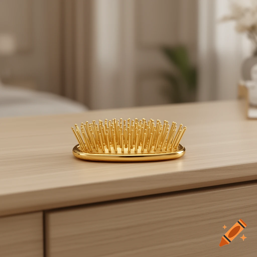 A small, shiny golden hairbrush sits on a light wooden dresser, with a blurred background of a room.