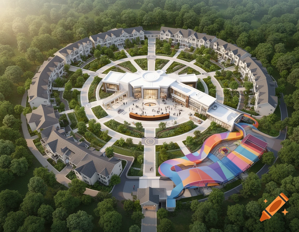 An aerial rendering of a circular residential complex with a central building, surrounding homes, paths, and a colorful play area, all nestled in lush green trees.