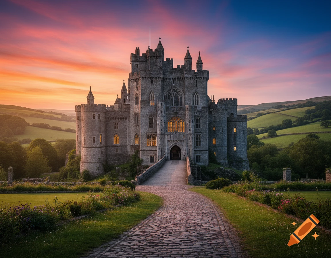 A photorealistic majestic stone castle with glowing windows at sunset, surrounded by green hills, with a cobblestone path.